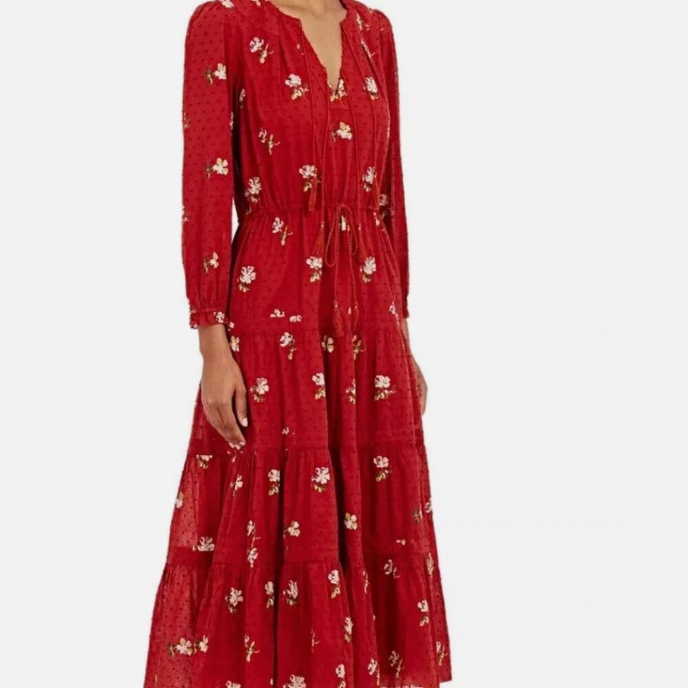 Ulla Johnson Clementine Tiered Midi Dress Red Floral Print Swiss Dot Size 4